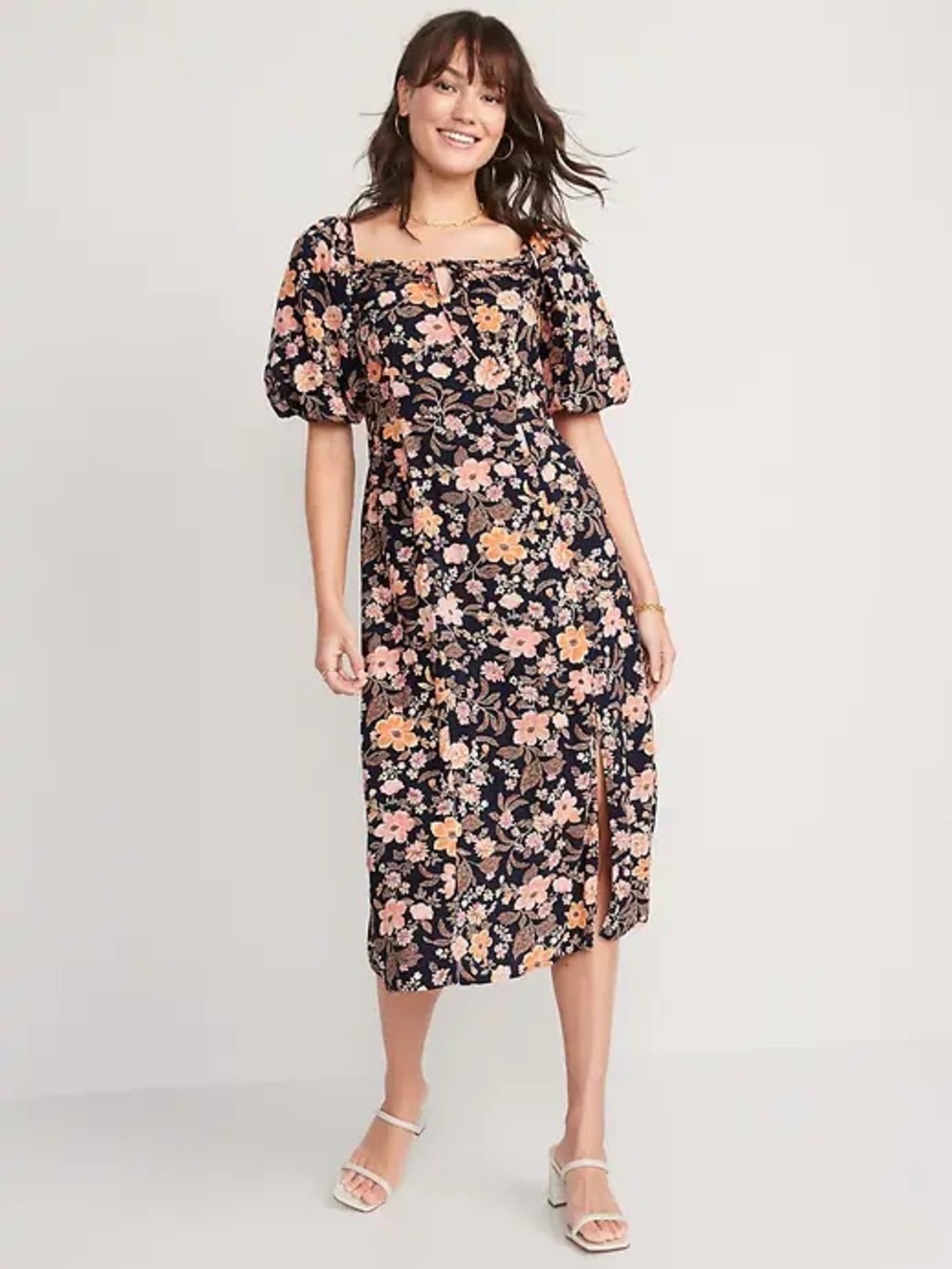 OLD NAVY  Dress Woman's XL Midi Navy Floral Off Shoulder A-Line Smocked Back